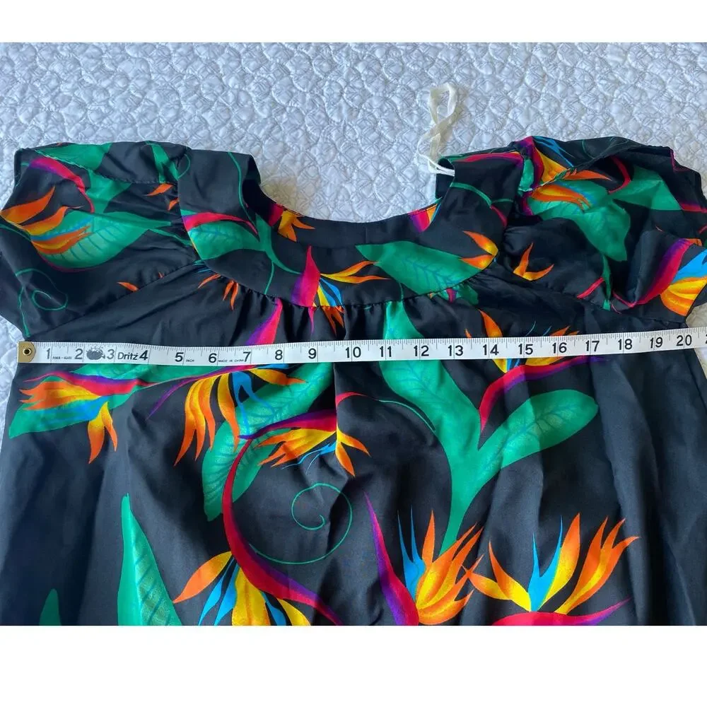 Vintage 70s Hilo Hattie's Muumuu Kaftan Dress Black Birds of Paradise Size Small